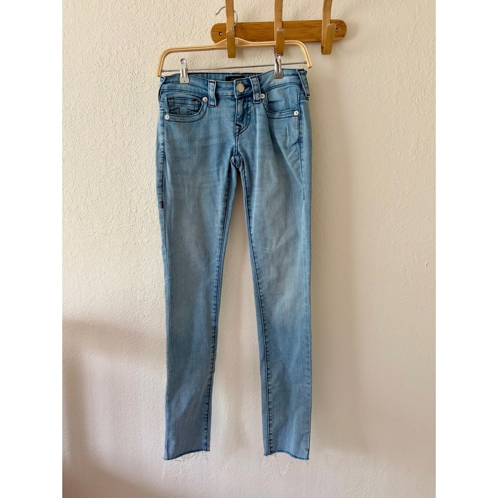True Religion Stella Low Rise Skinny Jeans Light Wash Raw Hem Size 25